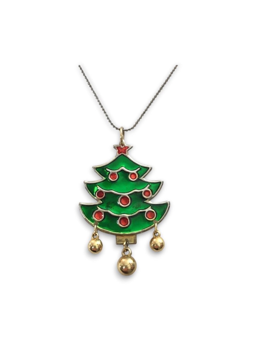 Silver Color 17.5in Christmas Necklace Gold Tone Jingle Bells Green Tree Pendant